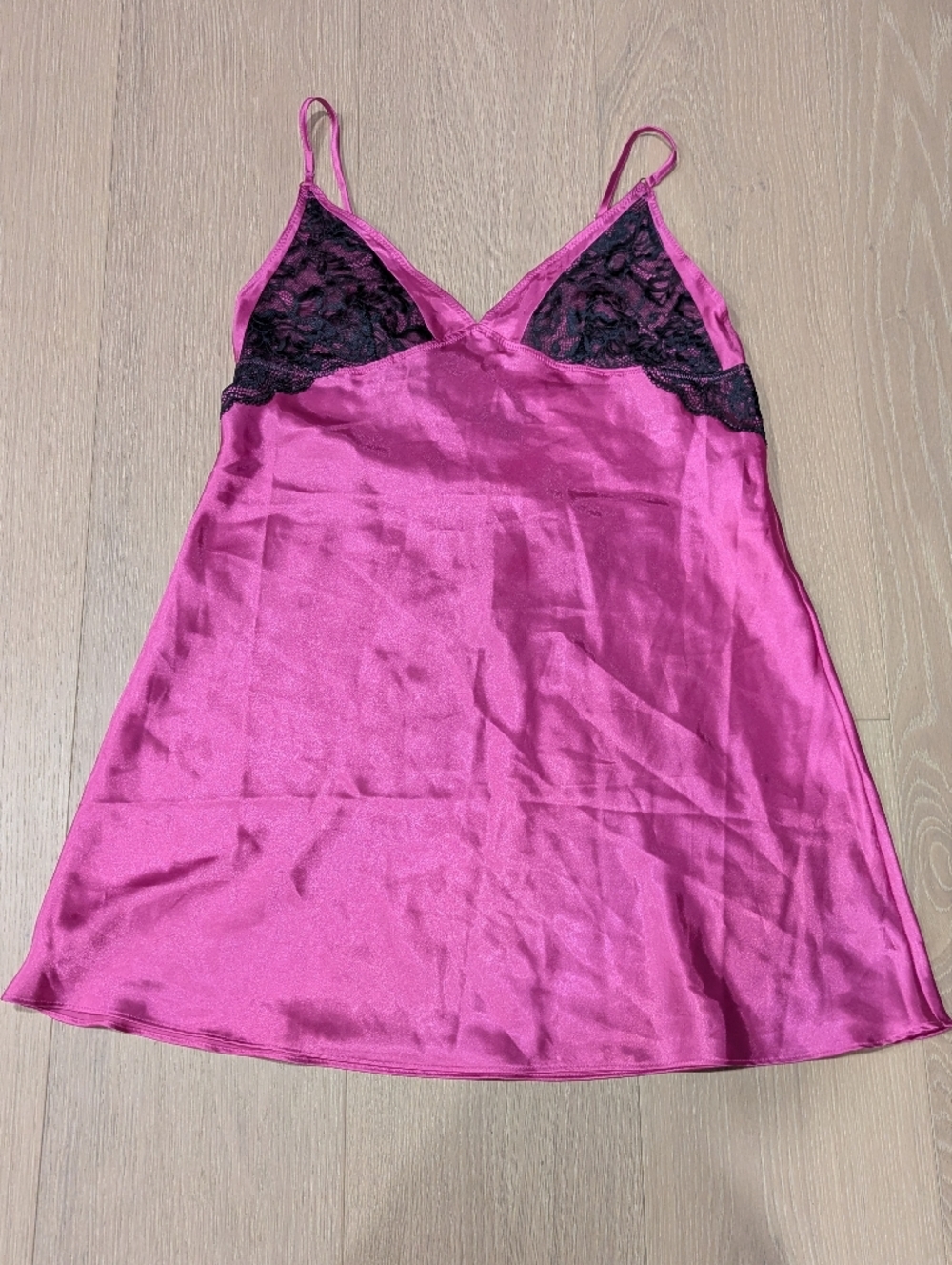 Women's Satin Slip Nightdress with Black Lace Trim - Fuchsia